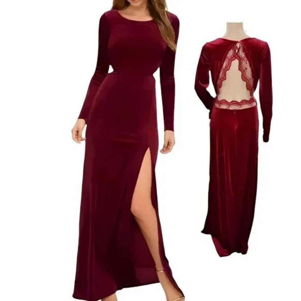 LuLus Wine Red Open Back Velvet Lace Maxi Long Christmas Holiday Party Dress L
